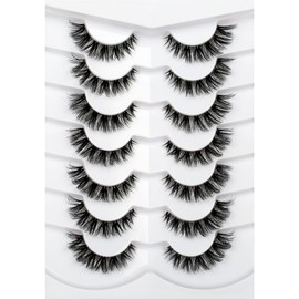 Pooplunch False Eyelashes Clear-Band Natural Cat Eye Look Clusters Extensions Wispy Short Fluffy Fake Eyelashes Flare Wispies Faux Mink Lashs Strips 7 Pairs Pack