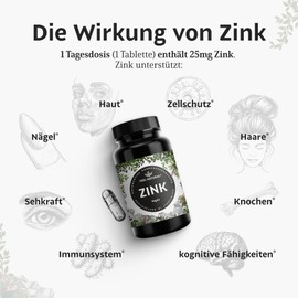 Zinc tablets – 365 pieces per year – high dose with 25 mg per daily dose – Premium: Zinc bisgylcinate – laboratory tested, without additives such as magnesium stearate – made in Germany and vegan.
