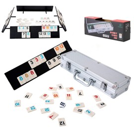 Homwom - Juego de 106 azulejos, juego de mesa de rummy con funda de aluminio y 4 bandejas duraderas antideslizantes