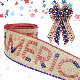 Threetols Patriotic Wired Edge Ribbons 2.5" 10 Yards, Veterans Day Linen Red Blue Wired Ribbon Patriotic Star Fabric Craft Ribbon American Ribbon for Holiday Party DIY Craft Veterans Day Decoration