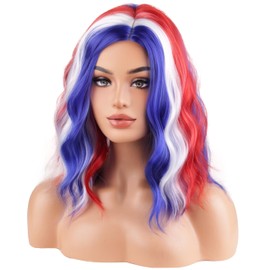 BERON 4th of July Wigs for Women Short Curly Wavy Red White Blue and Mixed Wavy Wig Girls Flag Wig Heat Resistant Synthetic Costume Independence Day Cosplay Party Wigs