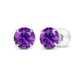 Genuine 14K Solid White Gold 6mm Round Natural Purple Amethyst February Birthstone Stud Earrings