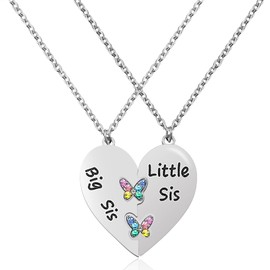 MJartoria Best Friend Necklaces BFF Necklace for 2 Friendship Valentines Day Gifts Matching Heart Pendant Necklace Best Friends Forever (Silver, Big Sis Little Sis+Butterfly)