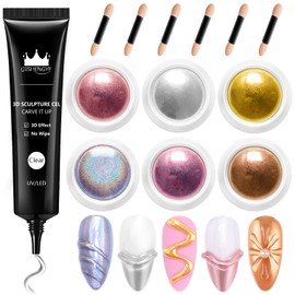 BISHENGYF Multifunctional 3D Nail Gel: No Wipe 15g 3D Nail Gel and 6pcs Glassy Laser Pink Chrome Nail Powder, Metallic Gold Chrome Powder Nails, 5D Molding Gel for Nail Decoration (Silver/Copper)