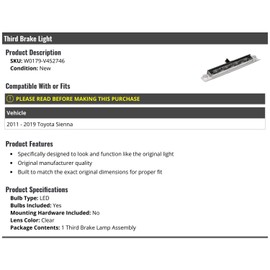 Marketplace Auto Parts 3rd Third Brake Light Lens - Stop Lamp - Clear - Compatible with 2011-2019 Toyota Sienna