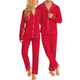 SWOMOG Couples Christmas Pajamas Set Women & Men Matching Pjs Set Long Sleeve Loungewear Holiday Sleepwear for Couples Women Red - Solid Medium