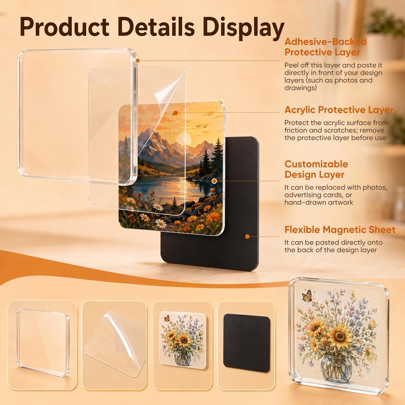 20 Pcs DIY Fridge Magnet Kit, Square Clear Acrylic Magnetic