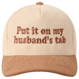 MIRMARU Vintage Novelty Embroidered Two-Tone Cotton Corduroy Trucker Baseball Cap for Men & Women (US, Alpha, One Size, Put it on My Husband's tab,Beige)