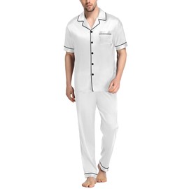 Yabound Pajamas for Men, Men's Pajama Set Shorts Sleeve Mens Silk Pajamas Classic Button-Down Pjs Sleepwear Two-Piece White