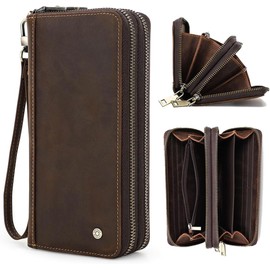 Contact's Men's Genuine Leather Clutch Business Travel Double Zip Around Purse 5 Interlayer Vintage Long Wallet with Wrist Wrap (Coffee)
