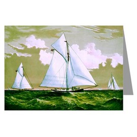 12 Note Cards of Currier and Ives Handcolored Lithograph Depicting The Americas Cup Race 1881 with Yachts Mischief and Atlanta