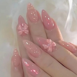 Pink Press on Nails Almond Long Fake Nails Pink Bow Nail Rhinestones Design Reusable Glue on Nails Full Cover French Tip False Nails Stick on Nails for Women and Girls Nail Art 24Pcs