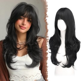 Black Wig with Bangs for Women, Long Wavy Layered Hairstyle Synthetic Heat Resistant Wigs for Daily Party Use, 26 Inch