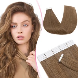 Tape-In Real Hair Extensions, 20 Pieces, 40 cm, Light Brown, Remy Invisible Hair Tape-In Hair Extensions, Natural, 50 g, 16 Inches, #06 Straight Real Hair, Skin Weft Tape