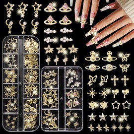 2 Boxes Gold Alloy Nail Charms, Star Crown Cross Planet Butterfly Heart Nail Golden Charms Y2K Luxury Golden Charms for Nail DIY