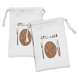 Lunarable BBQ Party Fabric Pouch Set of 2, Grill and BBQ Illustration with Warm Colors Hand Drawn Appliances, Small Drawstring Bag for Toiletries Masks and Favors, 9" x 6", Vermilion Orange