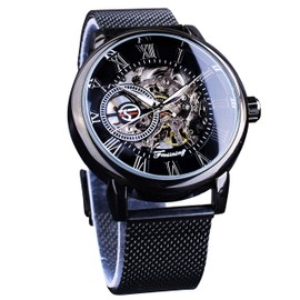 FORSINING Black Mechanical Watch for Men Minimalist Retro Design Staempunk Mechanical Skeleton Wrist Watch Transparent Business Mesh Band Watch