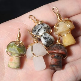 LHJ 10 Pcs Natural Stone Pendants Mushroom Shape Chakra Crystal Agate Stone Copper Wire Knitting Charms for Jewelry Making Necklace