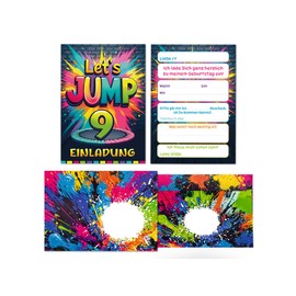 12 Invitations for 9th Children's Birthday Party Jump Party Boys Girls Kids Cool Colourful Invitations Ninth Birthday Invitations Kids Includes 12 Envelopes, 12 Bags, 12 Stickers
