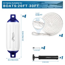OBAKL Boat Fenders 4 Pack 6.5 x 23 Inches Ribbed Twin Eyes Boat Fenders Bumpers for Docking, Comes with Ropes and Pump to inflate(Blue and White)