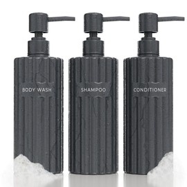 Stylish Shampoo and Conditioner Dispenser Set of 3 - Modern 19oz Shower Soap Bottles with Pump and Labels - Easy to Refill Body Wash Dispensers for an Instant Bathroom Decor Upgrade