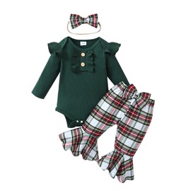 Kuriozud Newborn Baby Girl Christmas Outfit Ribbed Ruffle Long Sleeve Romper Plaid Flare Pants Set Toddler Fall Winter Clothes (Plaid Green, 6-12 Months)