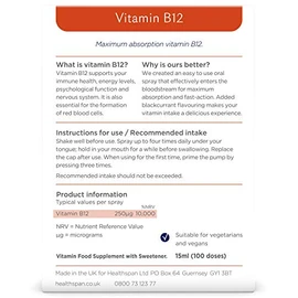 Healthspan Healthspan Vitamin B12 Mundspray | 250 g B12 | Johannisbeergeschmack | Schnelle Aufnahme | Energie und Immunsystem Boost | Untersttzt den Stoffwechsel | Vegan | 30 ml