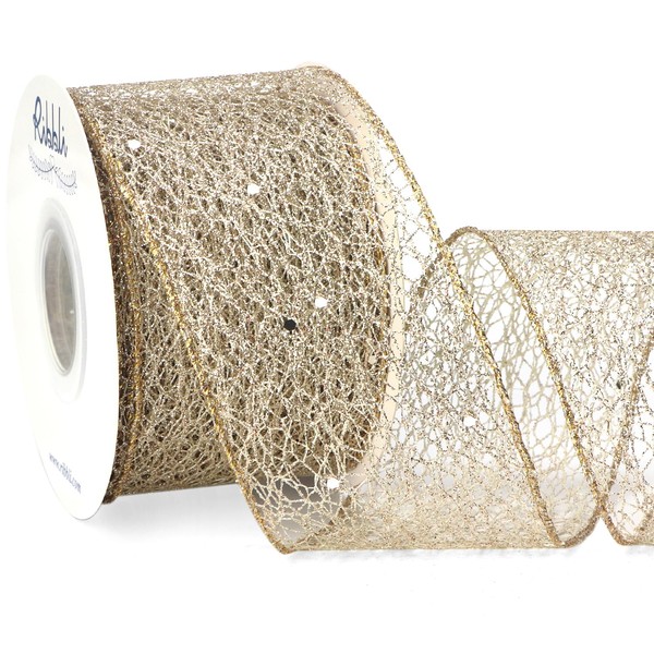 Ribbli Christmas Ribbon Glitter Mesh Wired Ribbon for Christmas Tree