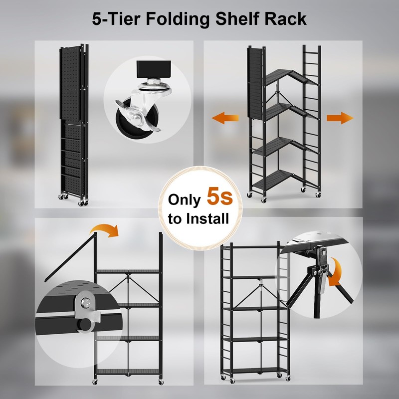 Himix Storage Shelves with 20 Hooks, 5-Tier Collapsible Organization Storage