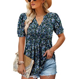 ROSELINLIN Womens Tunic Top to Wear with Leggings Short Sleeve Shirts Summer Tops Romantic Blue S