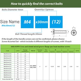 AMLOOPH M4 Door Knobs Cabinet Handles Screws, 12 Pack Kitchen Cabinet Door Handle Screws 30mm, M4 Bolts for Wardrobe Drawer Cupboard Handles, 30mm Fasteners for Cabinet & Cupboard Knobs