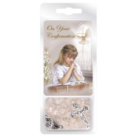 Confirmation Rosary & Prayer Card Set White Crystal Rosary Beads Confirmation Gifts Girls