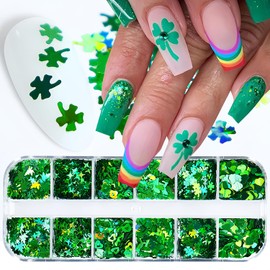 12 Grids St. Patrick's Day Nail Glitter Sequins Shamrock Nail Art Stickers 3D Holographic Laser Shamrock Glitter Flakes Irish Nail Stickers Glitter Nail Charms Supplies for Acrylic Nail Art DIY Decor