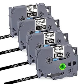 4 Pack Ptouch Tape 12mm 0.47 TZe TZ Tape Compatible for Brother Tze-335 White on Black Tape,P Touch Label Maker Tape Refill 12mm 0.47 for Brother P Touch Labelers PTd210 PTd400 Pth100,Laminated Tape