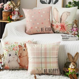 Volcanics Set of 4 Easter Pillow Covers 18x18 Inch, Bunny Floral Buffalo Plaid Be Hoppy Throw Pillow Covers, Polka Dot Bird Be Kind Cushion Cases, Farmhouse Easter Decor for Sofa Couch