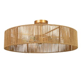 blusun 24" Natural Rattan Ceiling Light, Semi Flush Mount Gold Ceiling Light Fixture, 5-Light Boho Chandelier Antique Brass Brush Paint Farmhouse Light Fixture for Bedroom Living Room Kitchen Island