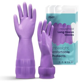 FMP Brands 3 Pairs 15 Inch Extra Long Rubber Dishwashing Gloves - Non-Slip for Cleaning, Kitchen, Bathroom, Gardening (Large, Purple)