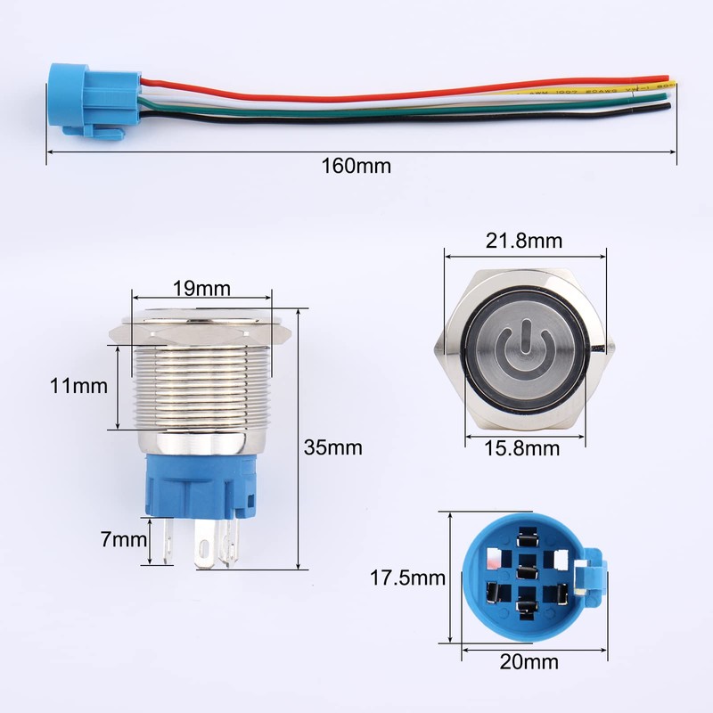 DMWD 2PCS 19mm Latching Push Button Switch 12V-24V On/Off 1NO