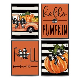 ETVISO Fall Wall Art Prints Set of 4, Autumn Pumpkin Buffalo Plaid Bowknot Truck Wall Art, Fall Decor for Farmhouse Bedroom Living Room, Thanksgiving Harvest Day Decor, 8x10 (Unframed)