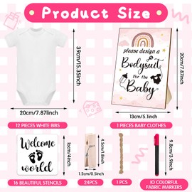 Silicherry 64 Pcs Baby Shower Games Bodysuit Design Games Include 1 Game Wooden Sign 12 Newborn Bodysuit 10 Fabric Markers 24 Clothespins 16 Stencils 1 Rope for Baby Shower Gender Reveal (Rainbow)