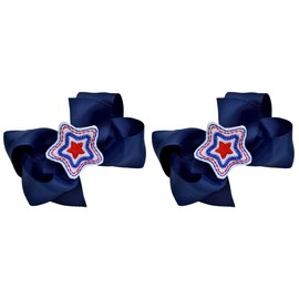 USA Patriotic Ponytail Hair Bow Set with Embroidered Star ~ Funny Girl Designs (Navy Bow White Star)