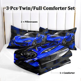 ASKOTU Race Car Twin Boy Bedding Set, Blue Sports Car Comforter Set Twin Size for Boys, 3 Pcs Cool Twin Bedding Set for Boys