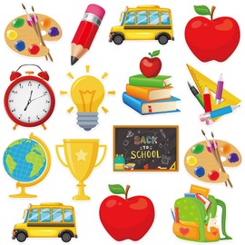 48Pcs Back to School Cutouts, Colorful First Day of School Cut-Outs School Bus Pencil Schoolbag Cutouts Welcome Back Paper Cut Outs for Home Office Classroom Bulletin Board Chalkboard Wall Decor