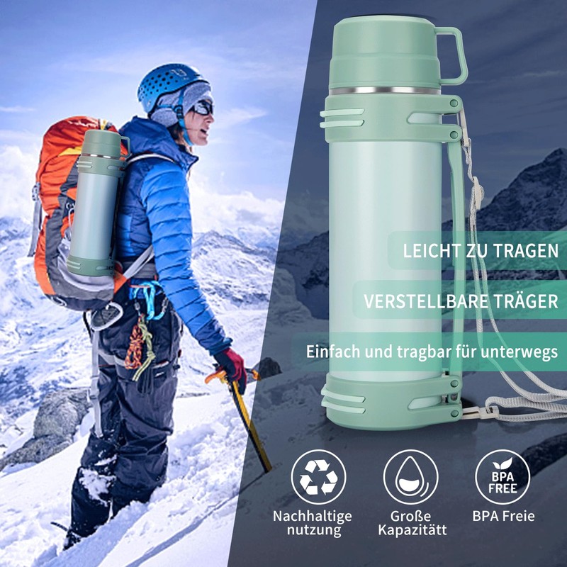 Thermos Flask, Thermos Flask with 2 Cups, Double Wall Stainless