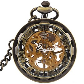 SIBOSUN Open Face Pocket Watch Steampunk Bronze Mens Transparent Skeleton Mechanical Chain + Gift Box