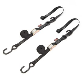 Powertye 1in x 6ft Cam Buckle Soft-Tye Tie-Downs w/S-Hooks - 400 lb. WLL / 1,200 lb. Breaking Strength - Made in USA - Black/Black (Pair)