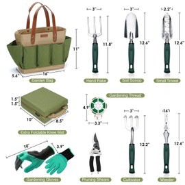 Garden Tool Tote Solid Bag with 11 Piece Hand Tools,Best Gardening Gift Set Organizer with Vegetable Garden Tool Kit,Free Kneeler Pad,Digging Claw Gloves and All Necessary Gardening Accessories