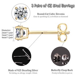 EPIRORA Sterling Silver Stud Earrings for Women- 3 Pairs Tiny Ball Stud Earrings Round CZ Cubic Zirconia Earrings Set Cartilage Small Tragus Earrings(2mm,3mm,4mm) (CZ earrings(2mm,3mm,4mm)- Gold)