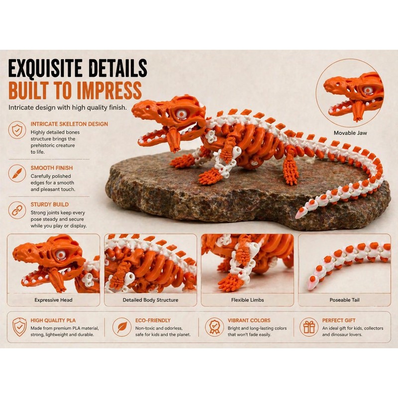 critigulf Articulated Mosasaurus Skeleton Model, 3D Printed Poseable Dinosaur Figure