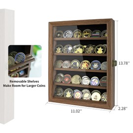 DecoWoodo Military Challenge Coin Holder Medal Display Case with HD Tempered Glass Door 5 Rows Poker Chips Shadow Box Cabinet Removable Shelves 2 Groove Slots for Collectors, Rust Brown Finish